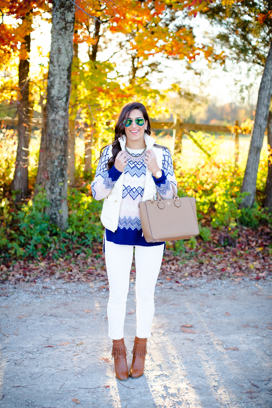 fair isle sweater, ivory corduroys, j.crew excursion vest, ivory puffer vest, quilted vest, fringe booties, fall style, fall fashion, fall outfit ideas, preppy fall outfits // grace wainwright from a southern drawl