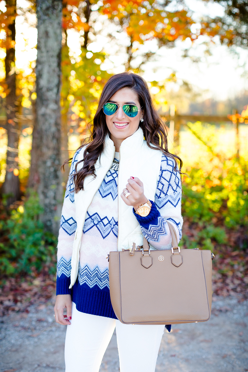 fair isle sweater, ivory corduroys, j.crew excursion vest, ivory puffer vest, quilted vest, fringe booties, fall style, fall fashion, fall outfit ideas, preppy fall outfits // grace wainwright from a southern drawl