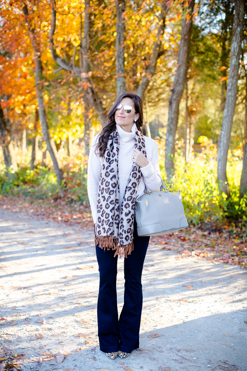 leopard scarf, flare jeans, shopbop jeans, leopard pumps, calf hair pumps, leopard heels, chunky knit, fall turtleneck, blush turtleneck, fall outfit, cozy outfit // grace wainwright from a southern drawl