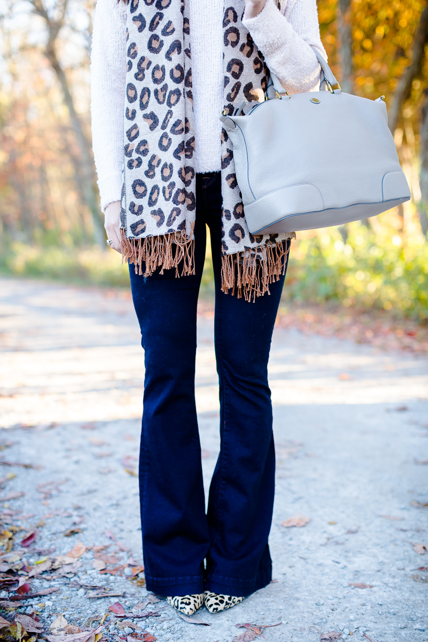 leopard scarf, flare jeans, shopbop jeans, leopard pumps, calf hair pumps, leopard heels, chunky knit, fall turtleneck, blush turtleneck, fall outfit, cozy outfit // grace wainwright from a southern drawl