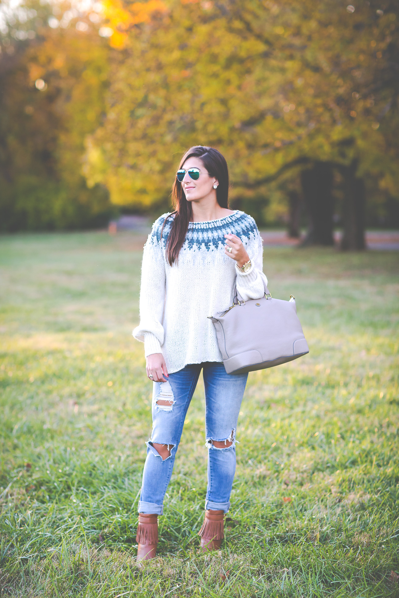 fair isle sweater, free people sweater, fall style, fall fashion, fall outfit ideas, distressed jeans, fringe booties, fringe boots, preppy fall style // grace wainwright from a southern drawl