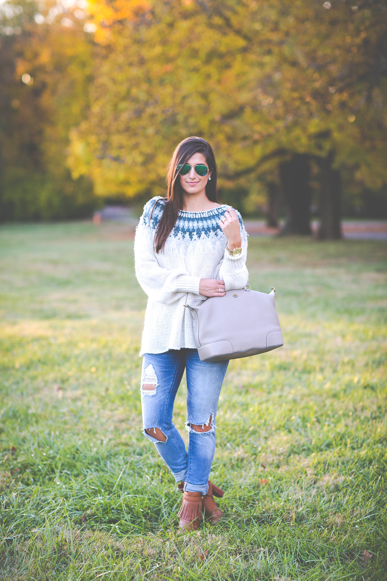 fair isle sweater, free people sweater, fall style, fall fashion, fall outfit ideas, distressed jeans, fringe booties, fringe boots, preppy fall style // grace wainwright from a southern drawl