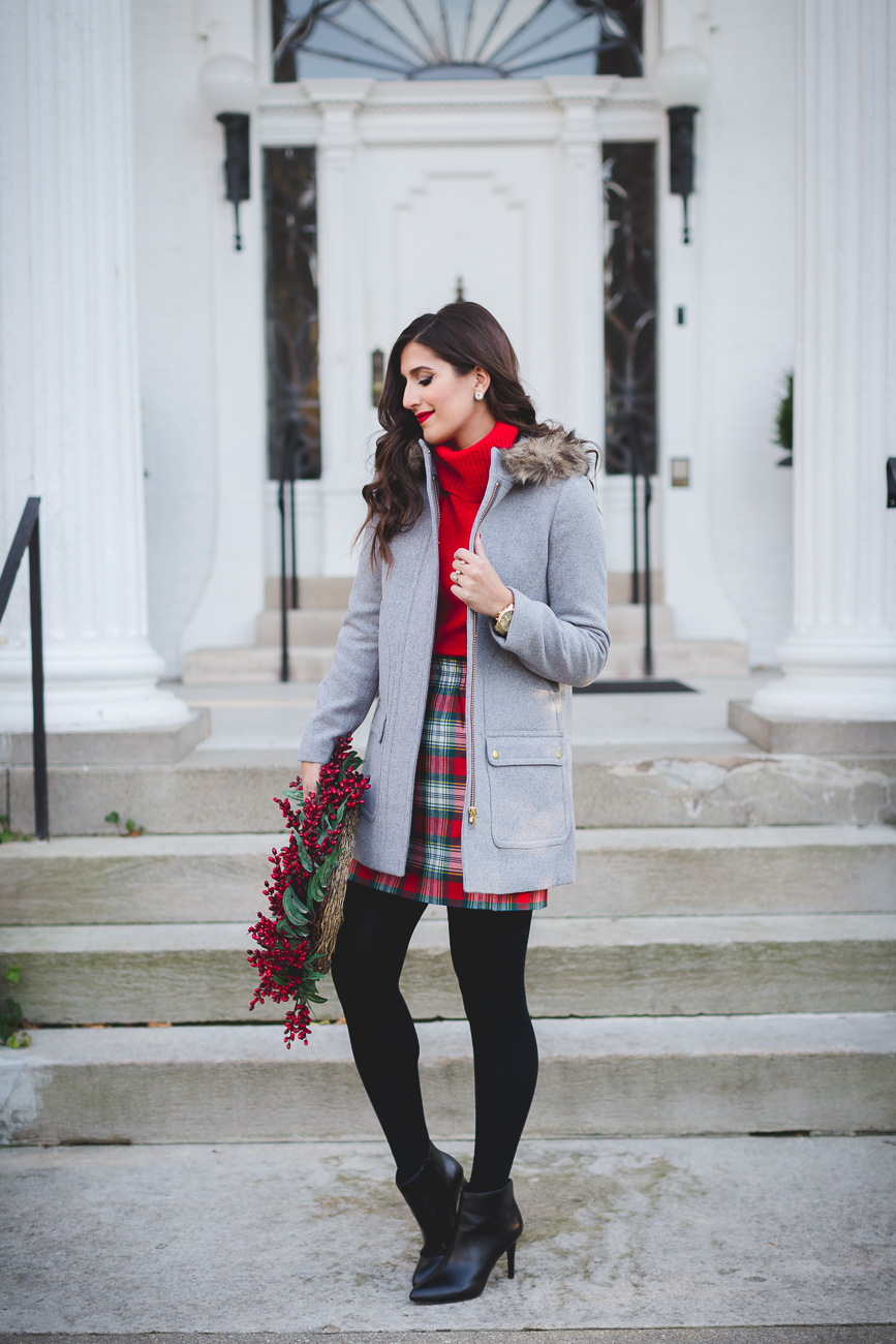 red turtleneck, plaid skirt, j.crew factory holiday, j.crew vail parka, holiday outfit ideas, holiday sales, holiday look, preppy holiday outfit ideas // grace wainwright from a southern drawl