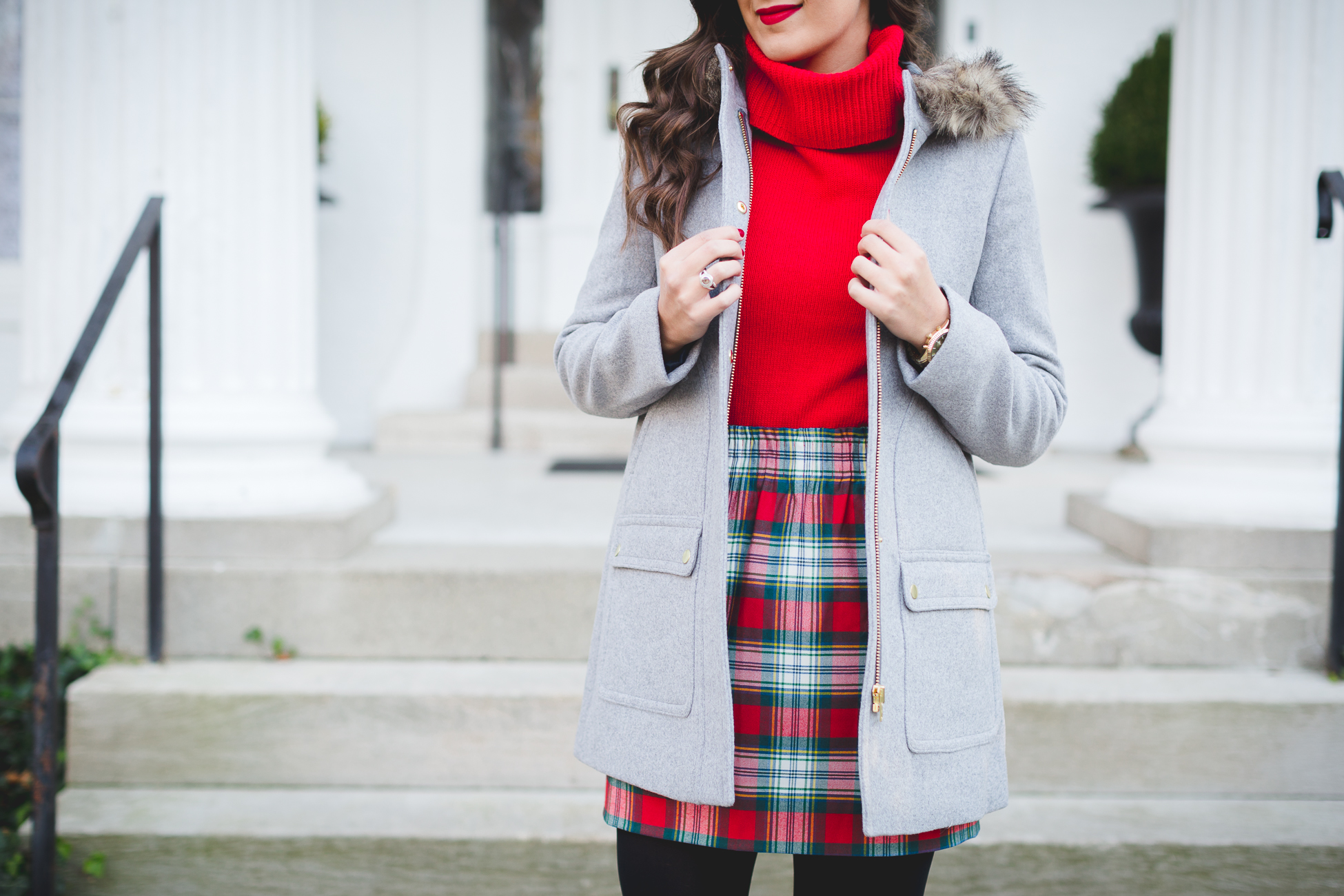 red turtleneck, plaid skirt, j.crew factory holiday, j.crew vail parka, holiday outfit ideas, holiday sales, holiday look, preppy holiday outfit ideas // grace wainwright from a southern drawl