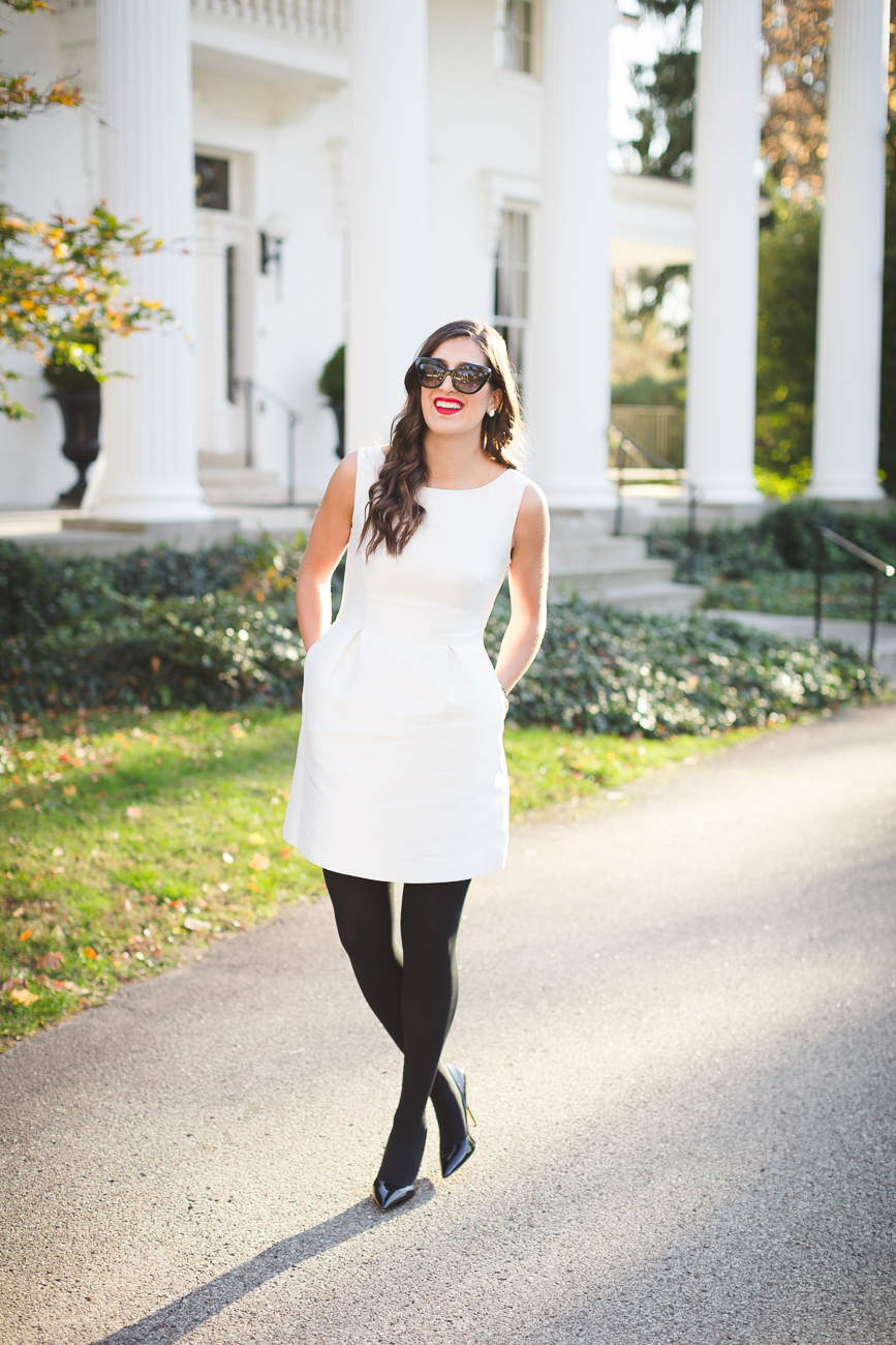 kate spade new york dress, cocktail dress, holiday dress, holiday cocktail dress, holiday outfit inspo, holiday outfit ideas, christmas party outfit, wrapped presents, gold wrapping paper, kate spade sunglasses // grace wainwright from a southern drawl