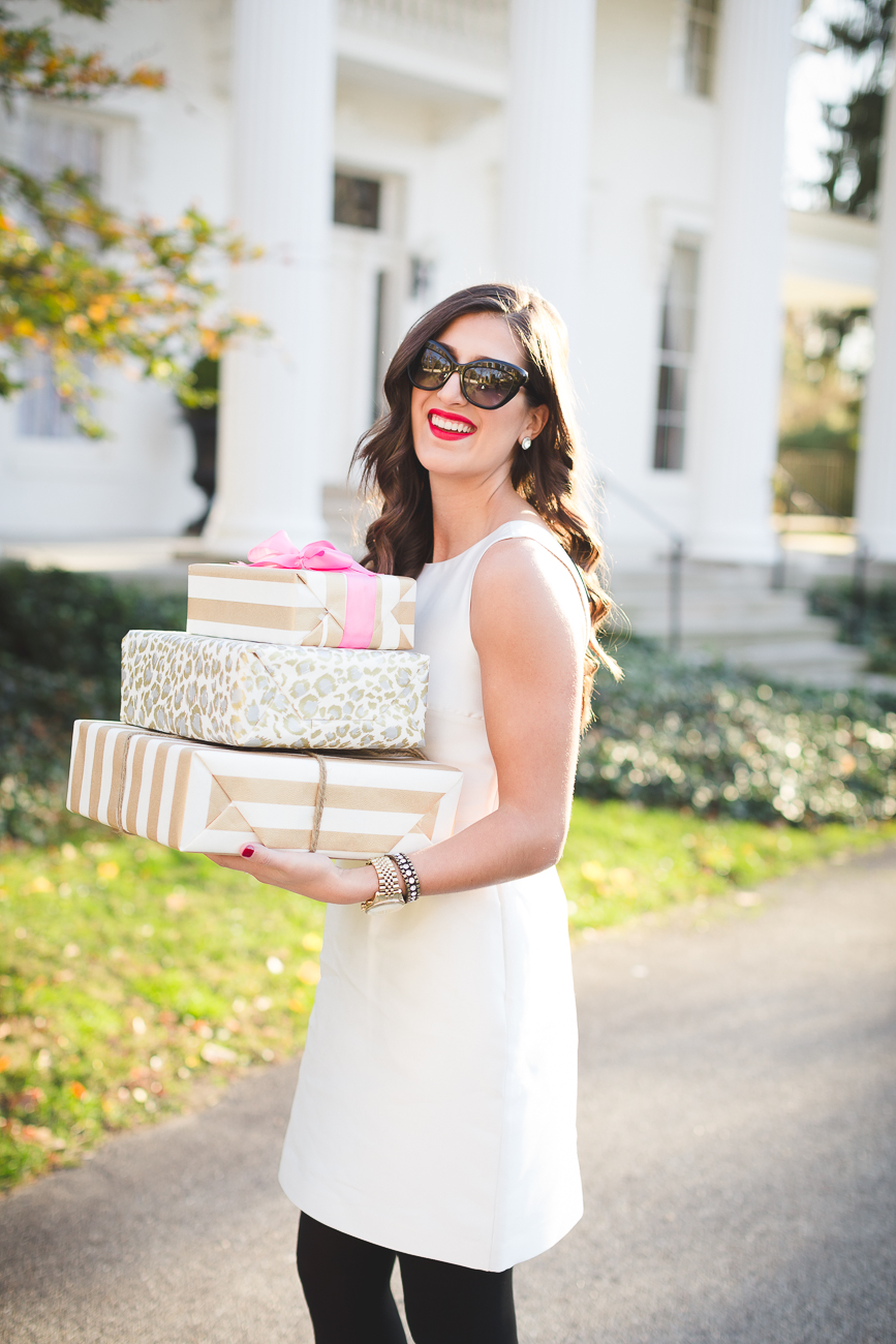 kate spade new york dress, cocktail dress, holiday dress, holiday cocktail dress, holiday outfit inspo, holiday outfit ideas, christmas party outfit, wrapped presents, gold wrapping paper, kate spade sunglasses // grace wainwright from a southern drawl