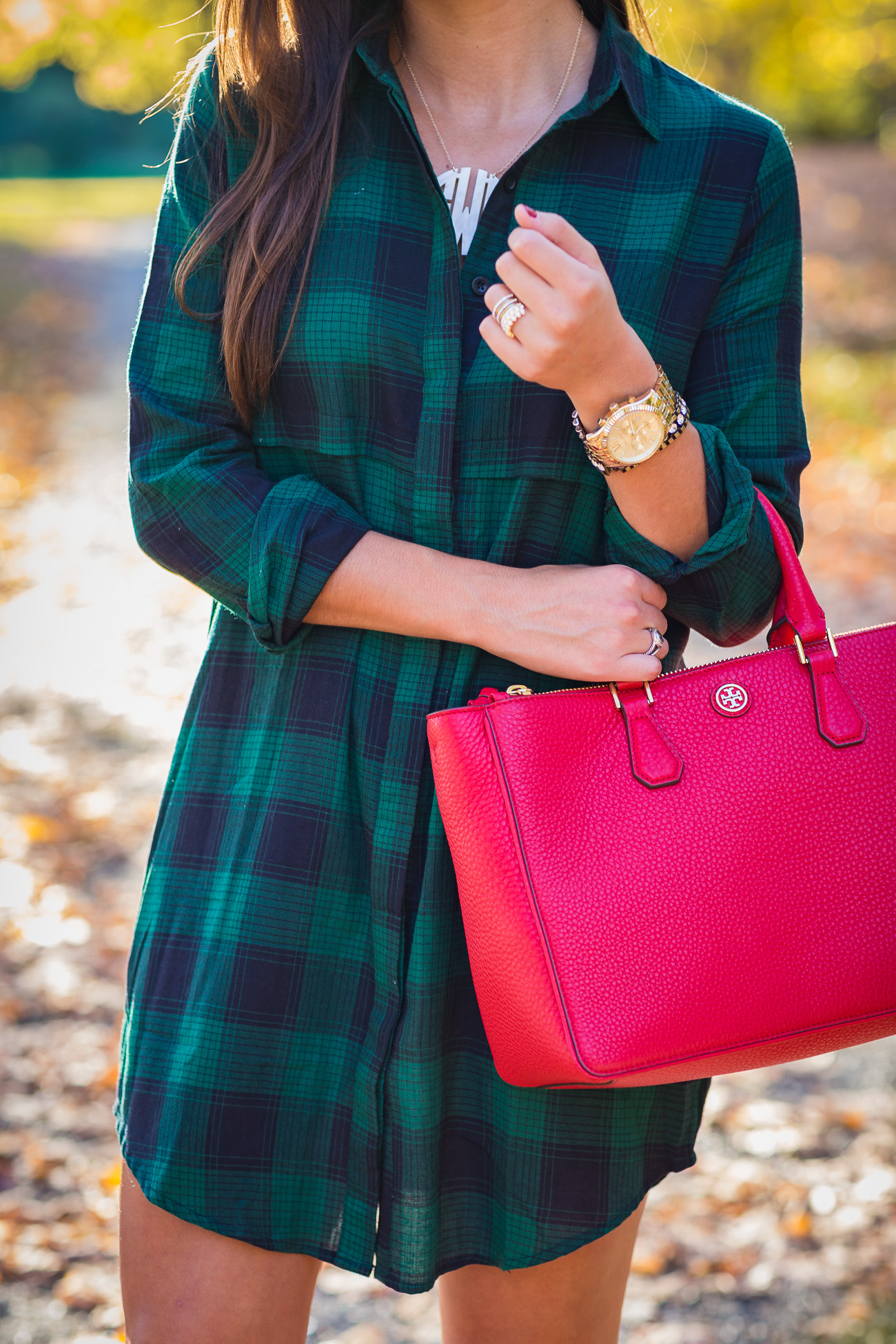 plaid dress, affordable fall outfit, fall outfit ideas, fall fashion and style, brown booties, red tory burch tote, tory burch robinson pebbled tote, monogram necklace // grace wainwright from a southern drawl