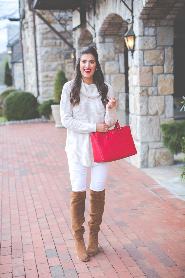 chunky turtleneck, red tory burch tote, tory burch robinson pebbled tote, dolce vita over the knee boots, all white outfit, winter white outfit, holiday outfit ideas, holiday outfit // grace wainwright from a southern drawl