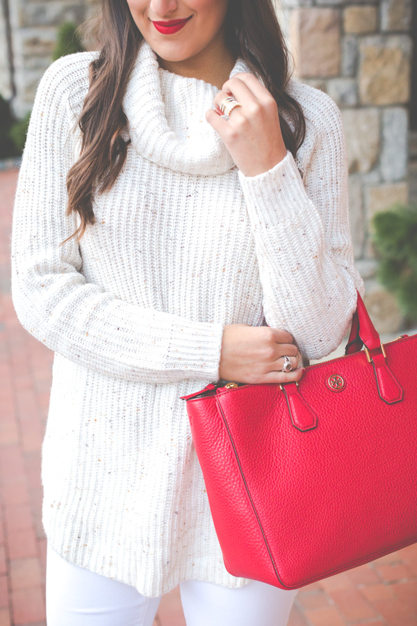chunky turtleneck, red tory burch tote, tory burch robinson pebbled tote, dolce vita over the knee boots, all white outfit, winter white outfit, holiday outfit ideas, holiday outfit // grace wainwright from a southern drawl
