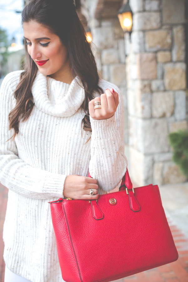 chunky turtleneck, red tory burch tote, tory burch robinson pebbled tote, dolce vita over the knee boots, all white outfit, winter white outfit, holiday outfit ideas, holiday outfit // grace wainwright from a southern drawl