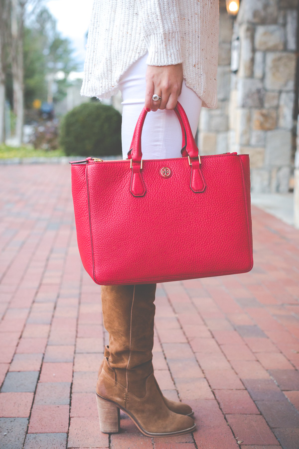 chunky turtleneck, red tory burch tote, tory burch robinson pebbled tote, dolce vita over the knee boots, all white outfit, winter white outfit, holiday outfit ideas, holiday outfit // grace wainwright from a southern drawl
