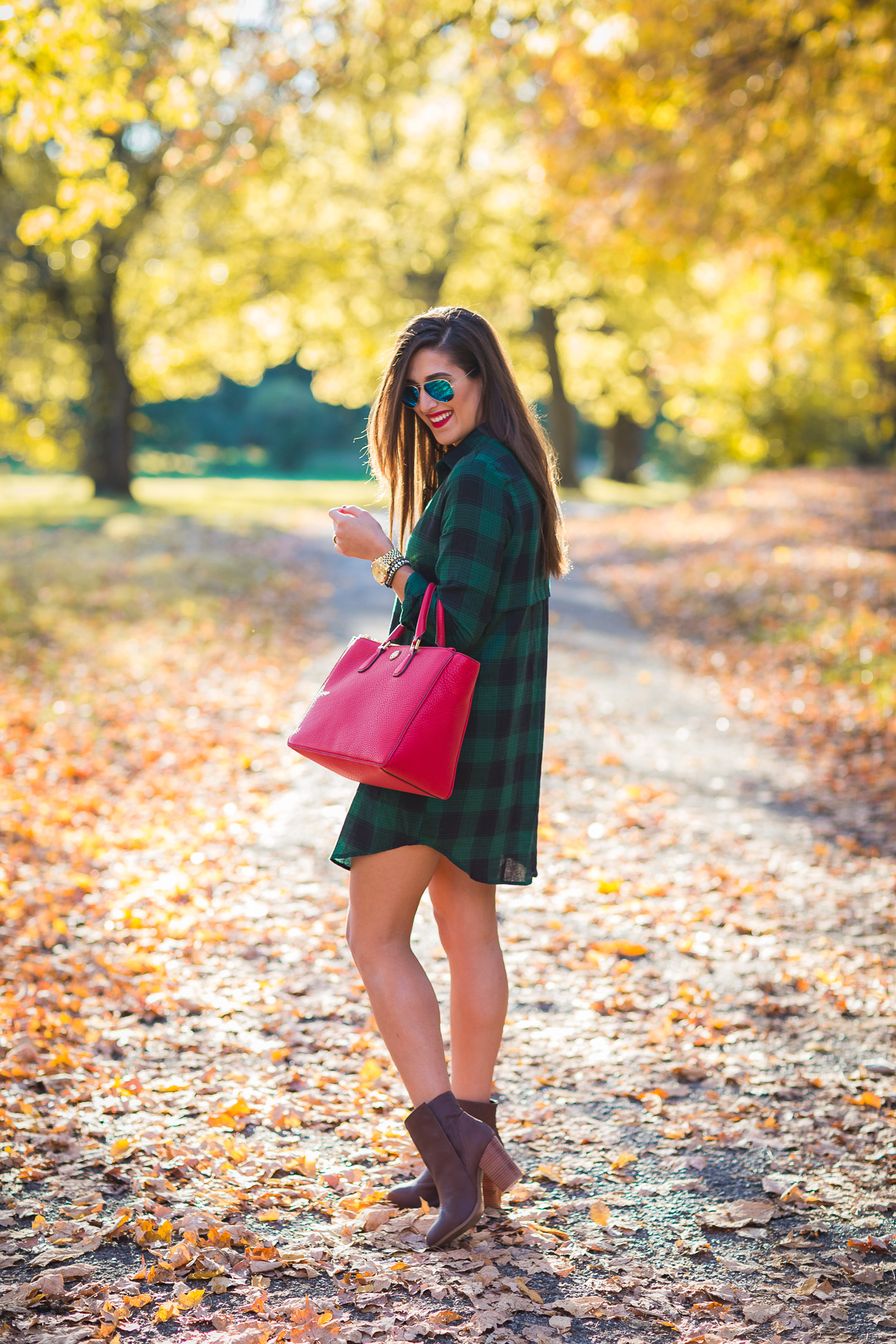plaid dress, affordable fall outfit, fall outfit ideas, fall fashion and style, brown booties, red tory burch tote, tory burch robinson pebbled tote, monogram necklace // grace wainwright from a southern drawl