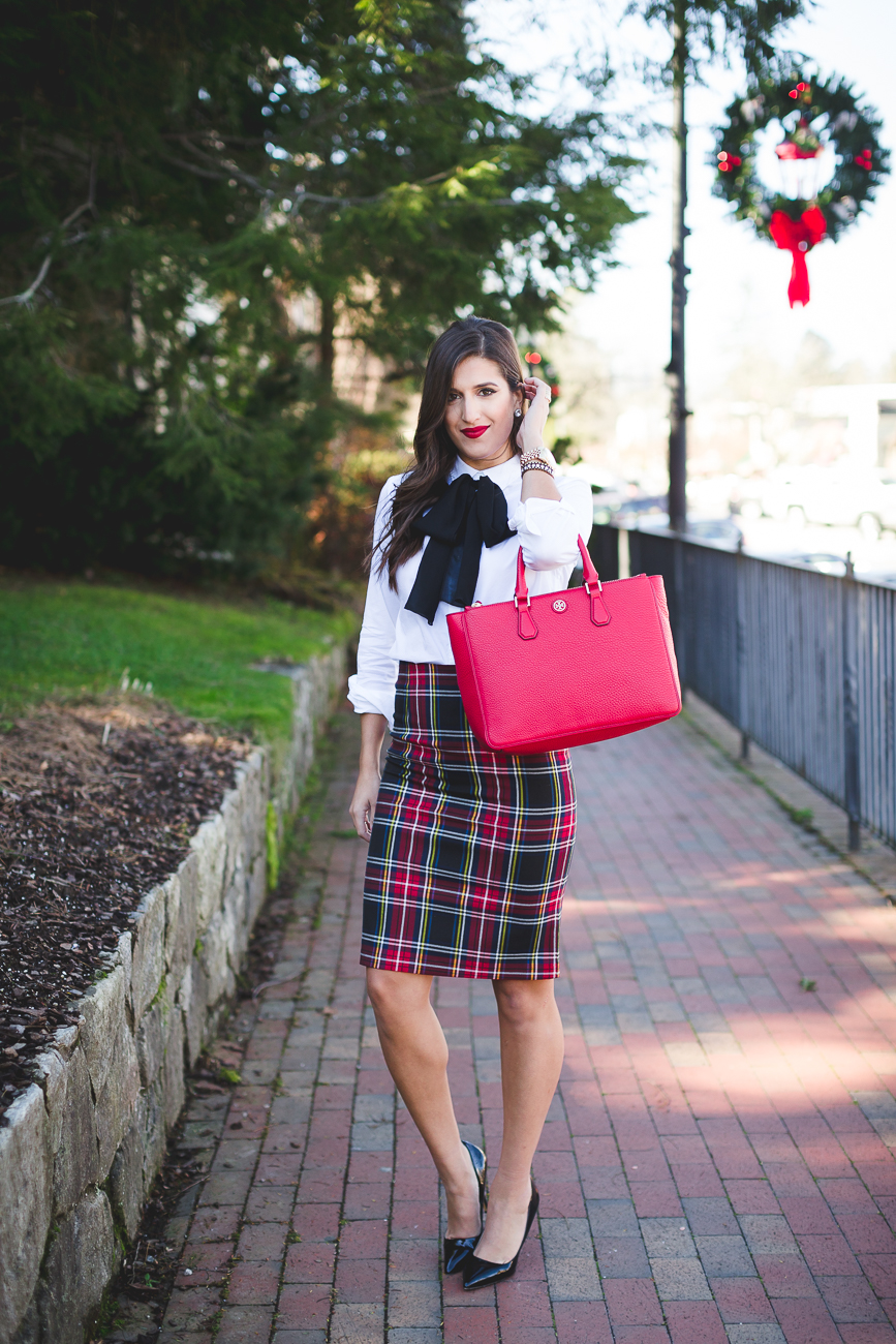 tartan plaid skirt, bow accessory, bow top, bow neck tie, red tote, tory burch robinson pebbled multi tote, holiday outfit, holiday outfit ideas, holiday party look, plaid outfit // grace wainwright from  a southern drawl