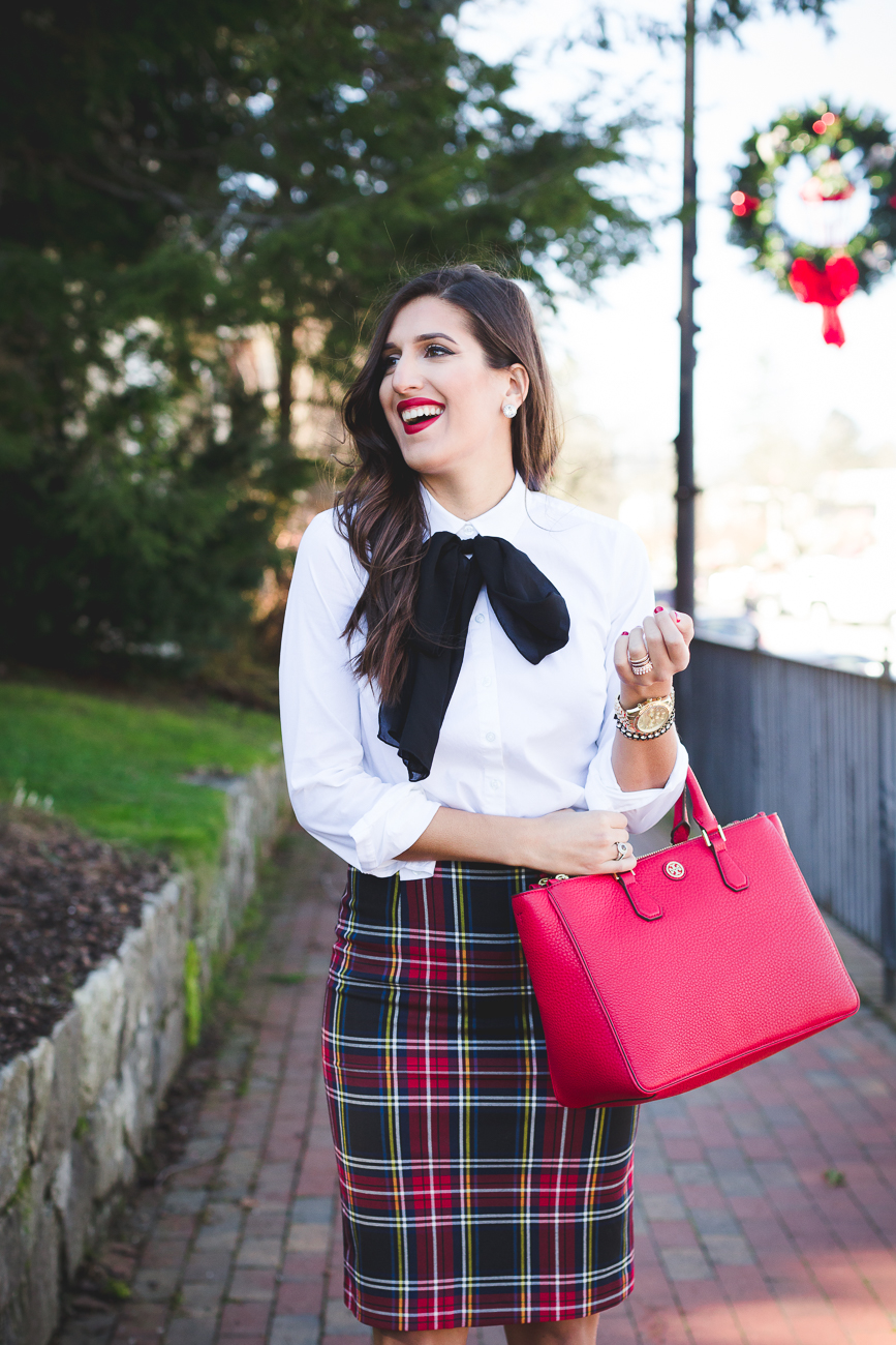 tartan plaid skirt, bow accessory, bow top, bow neck tie, red tote, tory burch robinson pebbled multi tote, holiday outfit, holiday outfit ideas, holiday party look, plaid outfit // grace wainwright from  a southern drawl