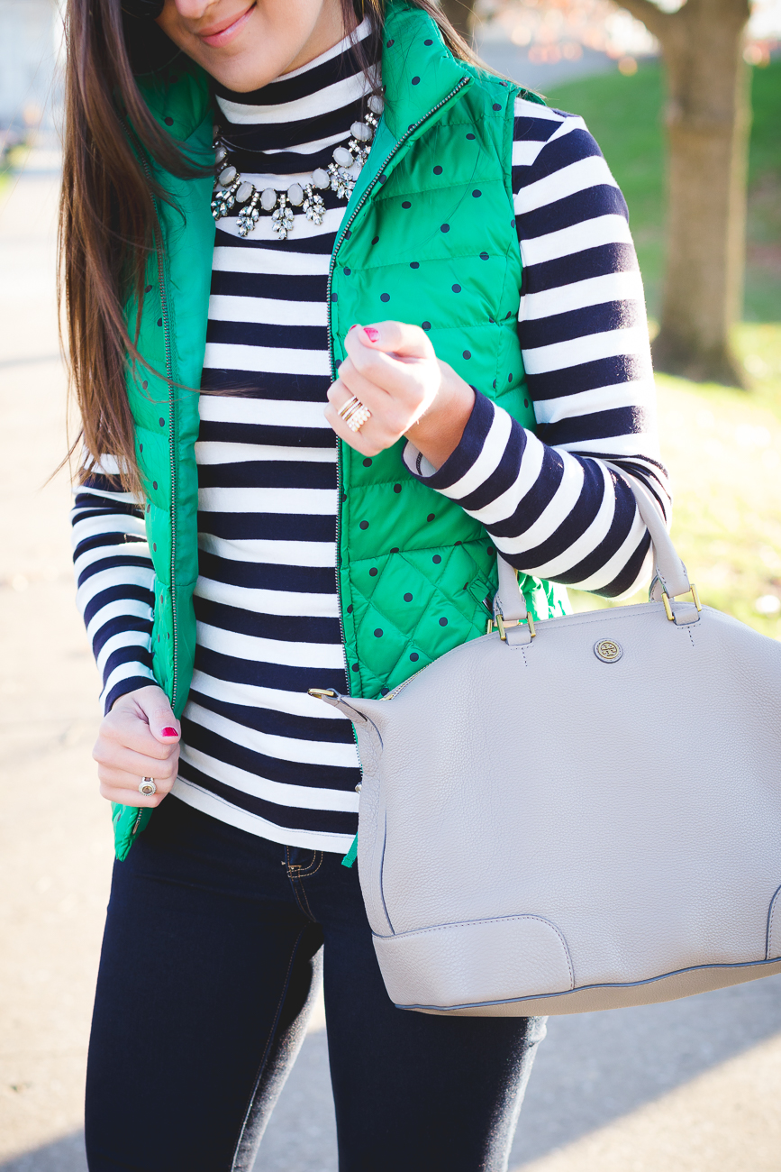 polka dot vest, quilted vest, polka dot puffer vest, navy booties, stripe turtleneck, winter style, winter outfit ideas, tory burch booties, hyde bootie // grace wainwright from a southern drawl