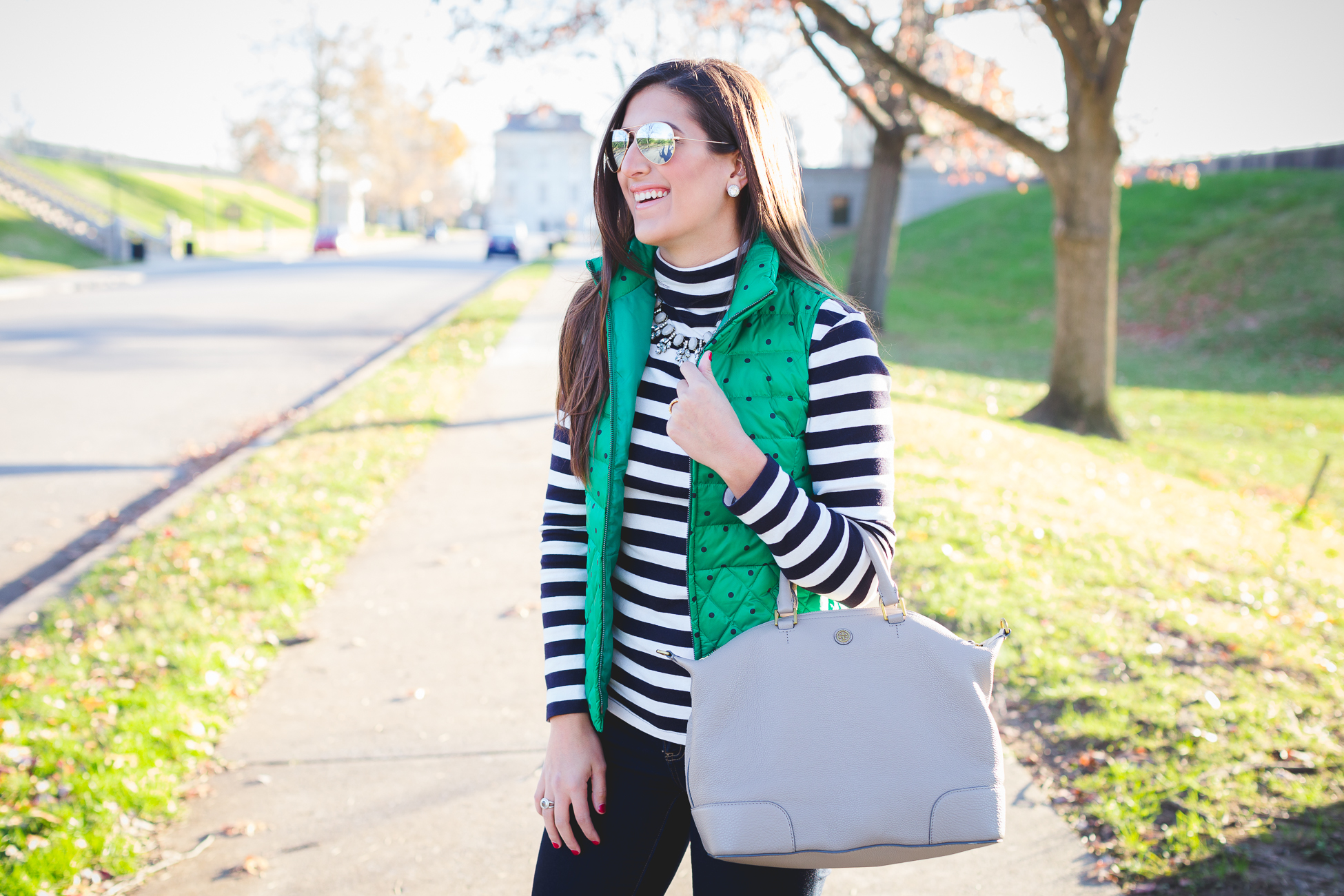 polka dot vest, quilted vest, polka dot puffer vest, navy booties, stripe turtleneck, winter style, winter outfit ideas, tory burch booties, hyde bootie // grace wainwright from a southern drawl