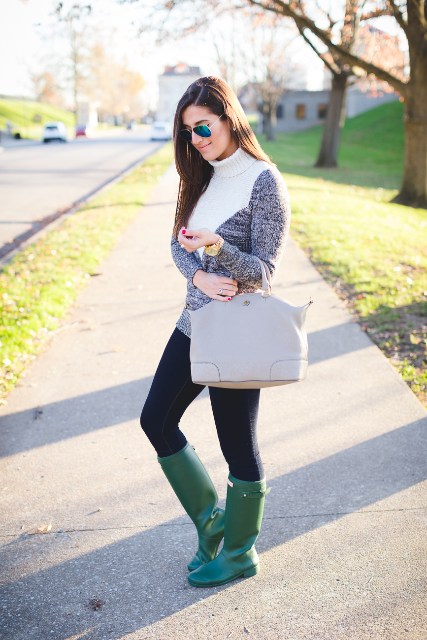 lilla p turtleneck, chunky turtleneck, chunky knit, zella leggings, green matte hunter boots, wellies, tour packable hunter boots, ray ban mirror aviators, tory burch slouchy satchel // grace wainwright from a southern drawl