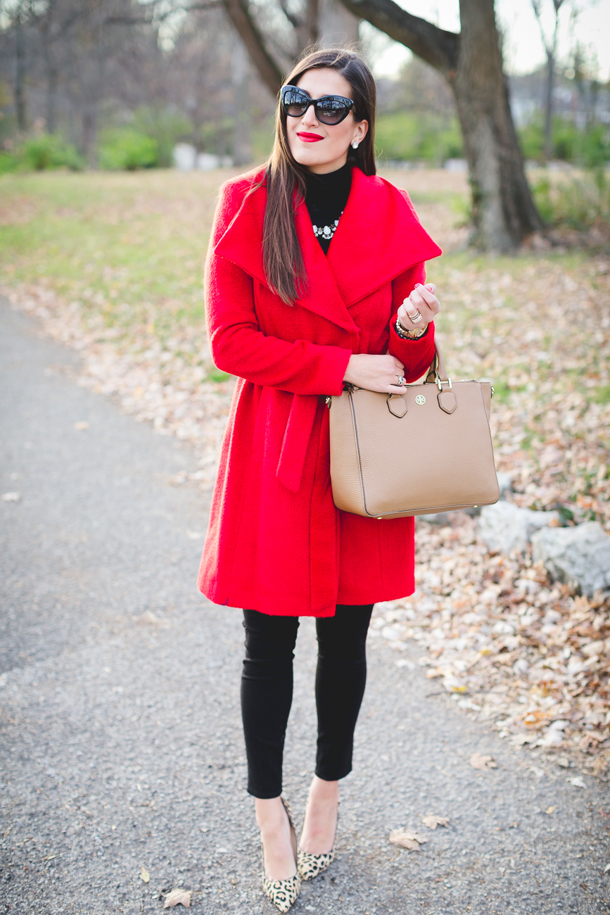 red wrap coat, wrap coat, olivia pope coat, holiday coat, holiday outfit, holiday style, holiday party look, leopard pumps, calf hair pumps, baublebar statement necklace // grace wainwright from a southern drawl