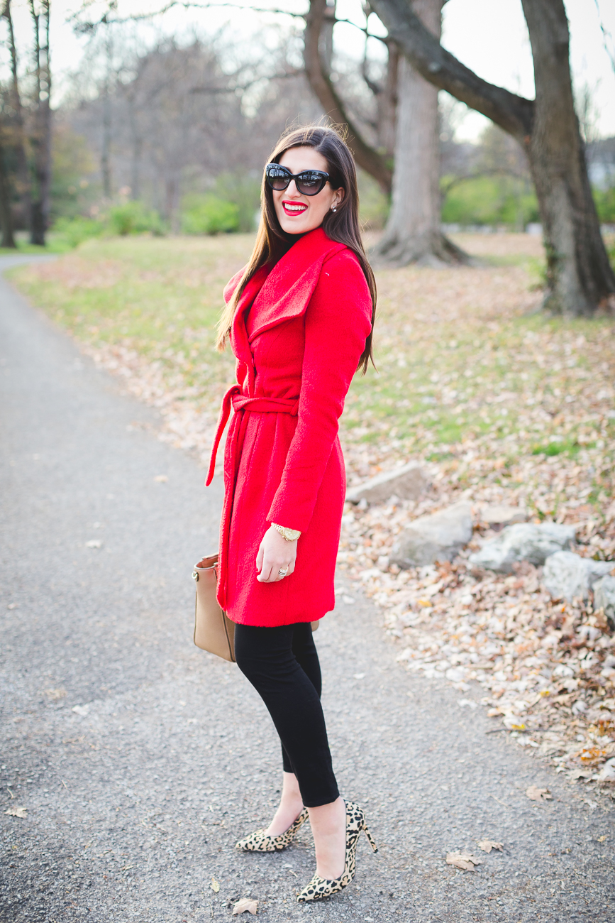 red wrap coat, wrap coat, olivia pope coat, holiday coat, holiday outfit, holiday style, holiday party look, leopard pumps, calf hair pumps, baublebar statement necklace // grace wainwright from a southern drawl