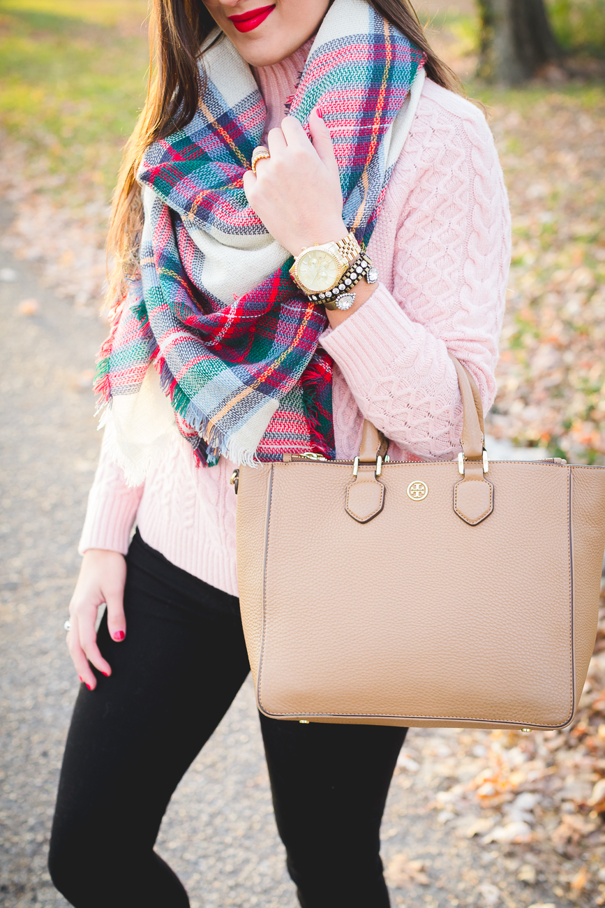 plaid scarf, chunky knit turtleneck, plaid blanket scarf, duck boots, sperry shearwater boots, tory burch robinson pebbled multi tote, winter style, fall style // grace wainwright from a southern drawl