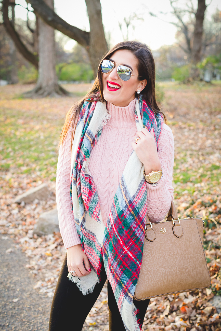 plaid scarf, chunky knit turtleneck, plaid blanket scarf, duck boots, sperry shearwater boots, tory burch robinson pebbled multi tote, winter style, fall style // grace wainwright from a southern drawl