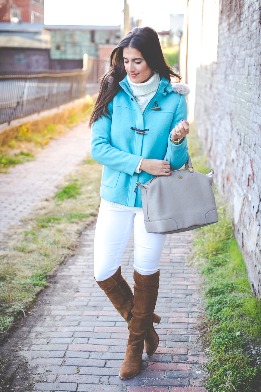 toggle coat, white skinny jeans, winter white, over the knee boots, suede boots, cognac boots, brown over the knee boots, ivory turtleneck, winter style, tory burch slouchy satchel // grace wainwright from a southern drawl