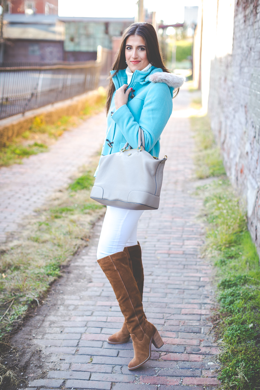 toggle coat, white skinny jeans, winter white, over the knee boots, suede boots, cognac boots, brown over the knee boots, ivory turtleneck, winter style, tory burch slouchy satchel // grace wainwright from a southern drawl