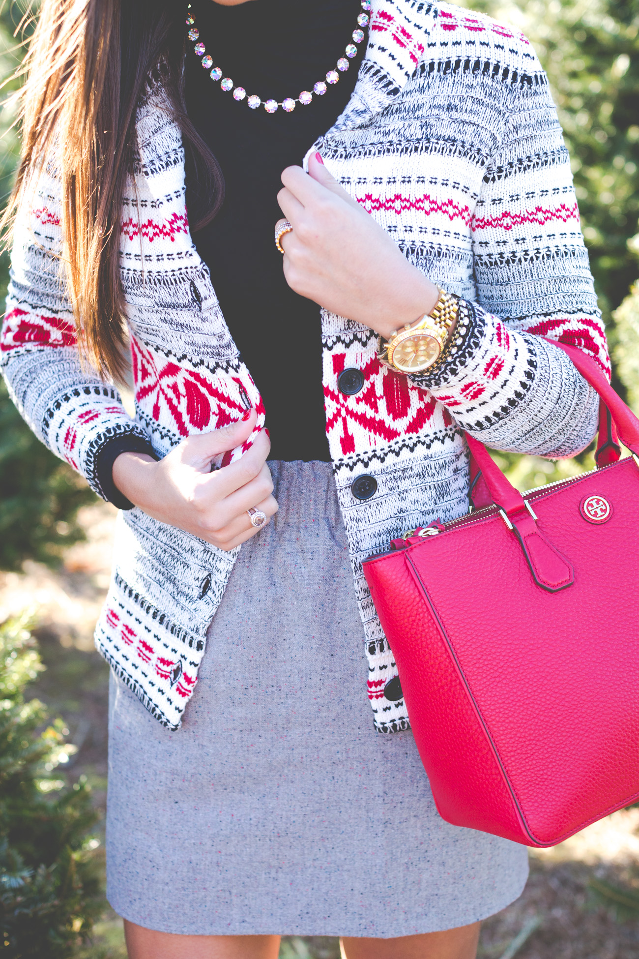 fair isle cardigan, fair isle sweater, gray skirt, red hunter boots, hunter tour packable boots,  christmas tree farm, red tory burch tote, loren hope kaylee necklace // grace wainwright from a southern drawl