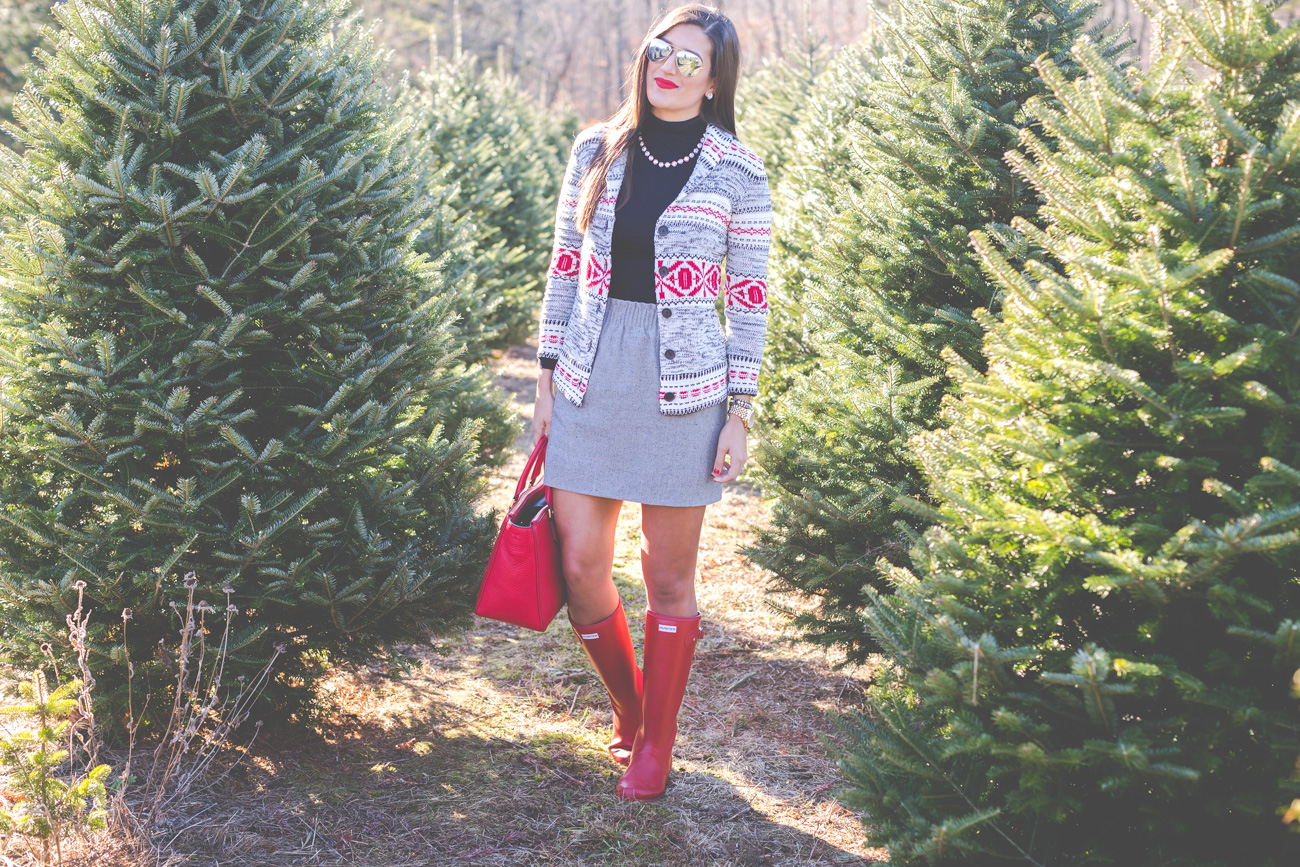 fair isle cardigan, fair isle sweater, gray skirt, red hunter boots, hunter tour packable boots, christmas tree farm, red tory burch tote, loren hope kaylee necklace // grace wainwright from a southern drawl