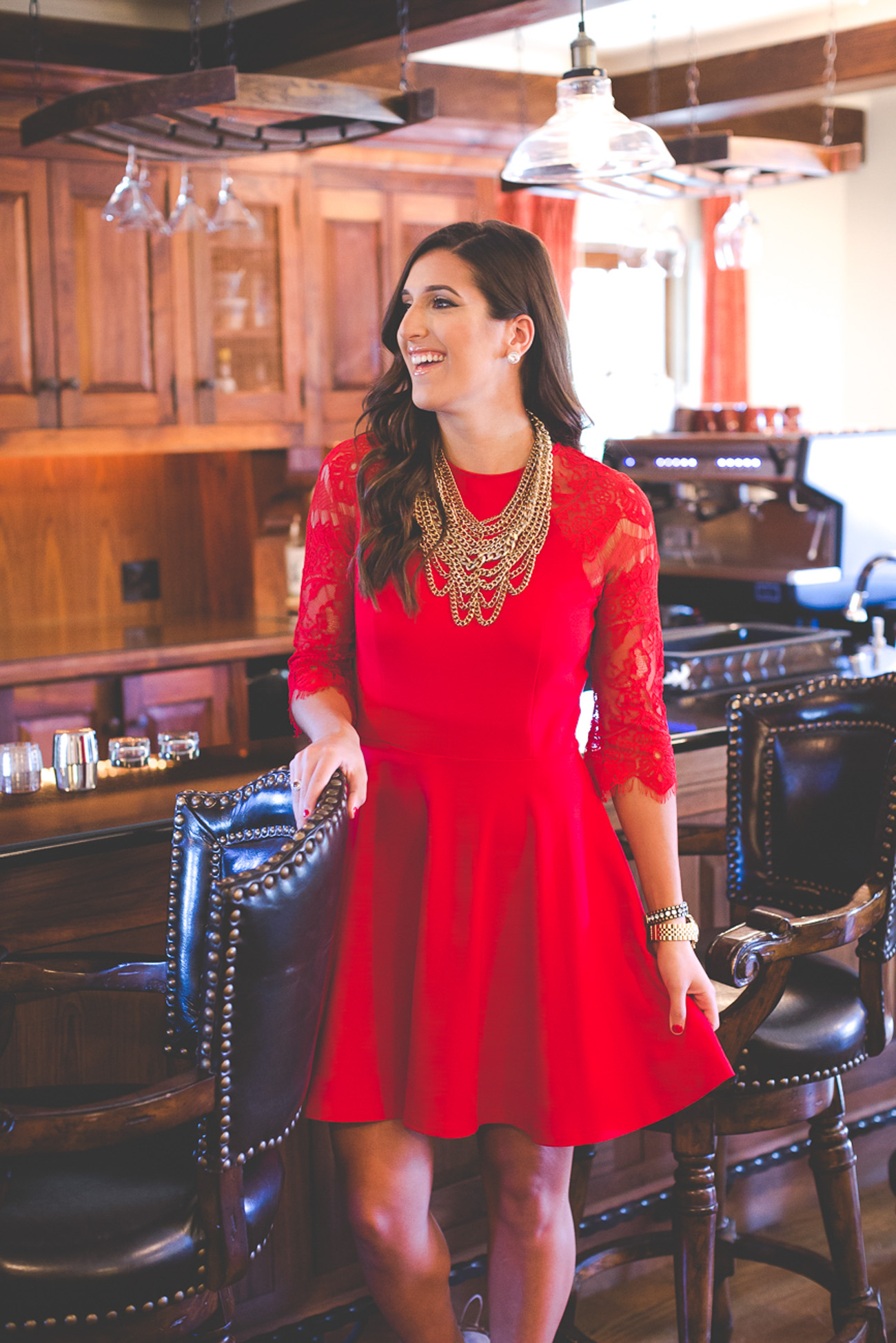 bb dakota fit and flare dress, holiday dress, nordstrom dress, holiday outfit ideas, little red dress, lace up pump, taupe pumps, statement necklace, chain statement bib, holiday makeup, nude lip, lace dress // grace wainwright from a southern drawl