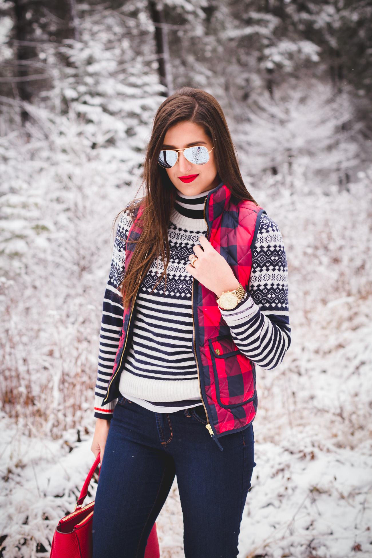buffalo check vest, buffalo plaid quilted vest, excursion vest, red hunter boots, tour packable boots, new england winter, snow photoshoot, snow new england, snow outfit, holiday outfit, holiday outfit ideas, holiday fashion, holiday style // grace wainwright from a southern drawl