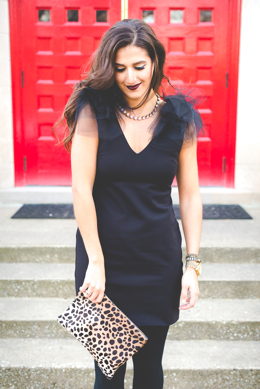 camilyn beth opal dress, tulle dress, holiday dress, christmas dress, holiday style, holiday fashion, holiday outfit, dark lipstick, leopard pumps, calf hair pumps, clare v calf hair clutch // grace wainwright from a southern drawl