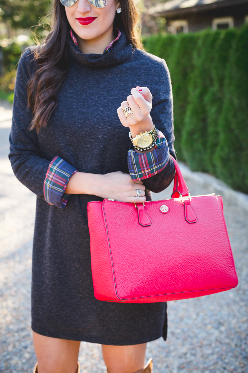 over the knee boots, red tory burch tote, sweater dress, turtleneck sewater dress, ray ban aviators, holiday style, holiday outfit ideas, tartan plaid shirt, plaid layers, holiday fashion, preppy holiday outfit // grace wainwright from a southern drawl