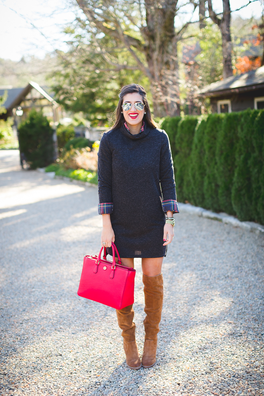 over the knee boots, red tory burch tote, sweater dress, turtleneck sewater dress, ray ban aviators, holiday style, holiday outfit ideas, tartan plaid shirt, plaid layers, holiday fashion, preppy holiday outfit // grace wainwright from a southern drawl