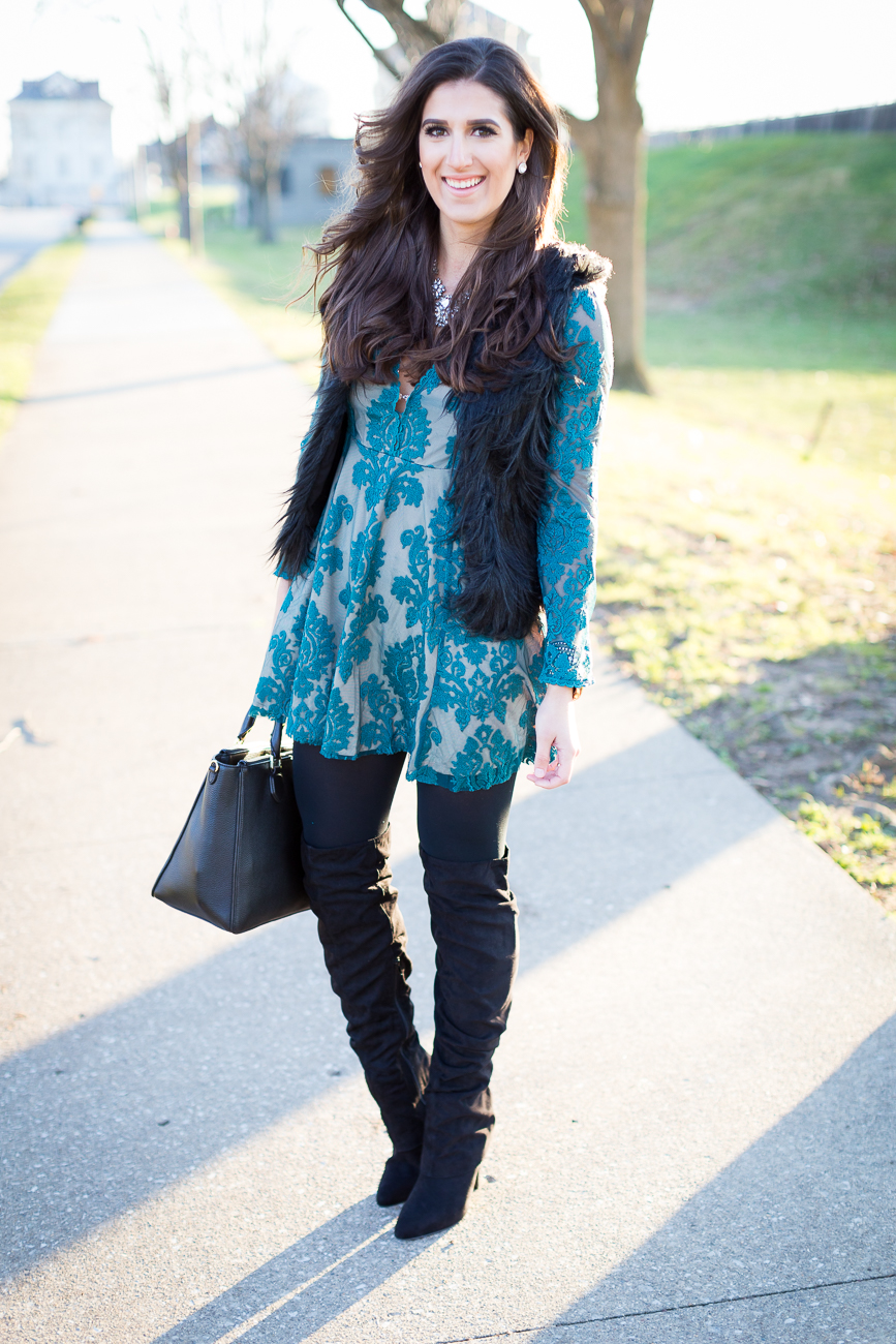 teal lace dress, faux fur vest, winter style, winter fashion, over the knee boots, lace flare dress, fit and flare dress, embroidered lace dress, black fur vest, tory burch robinson pebbled square satchel // grace wainwright from a southern drawl