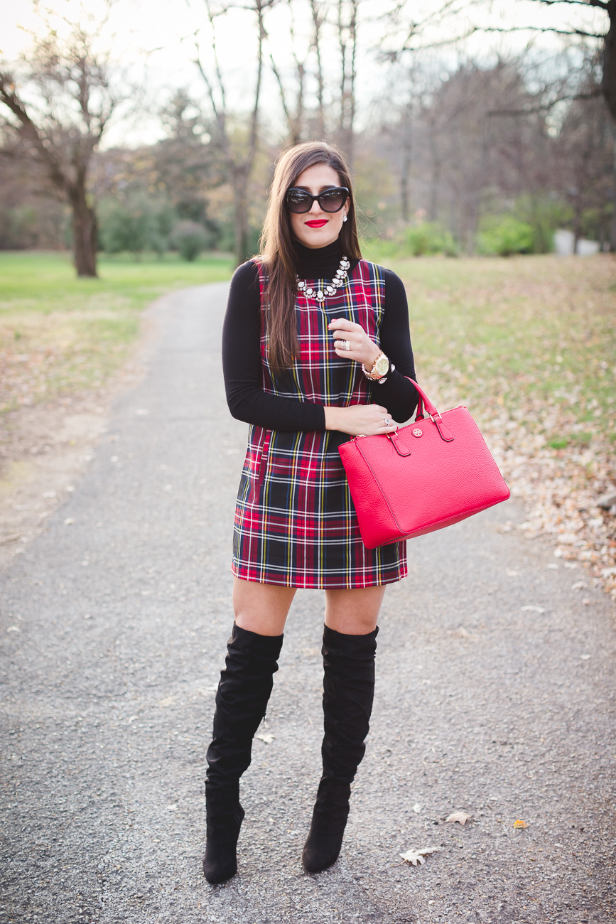 plaid dress, plaid shift dress, holiday outfit, preppy holiday outfit, holiday plaid, over the knee boots, red tote, red tory burch robinson pebbled multi tote // grace wainwright from a southern drawl
