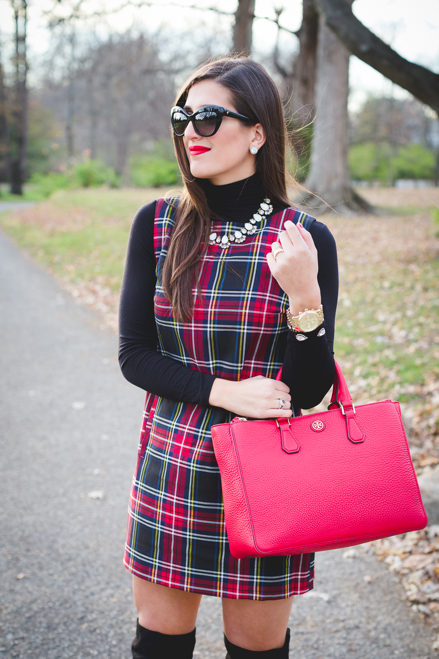 plaid dress, plaid shift dress, holiday outfit, preppy holiday outfit, holiday plaid, over the knee boots, red tote, red tory burch robinson pebbled multi tote // grace wainwright from a southern drawl