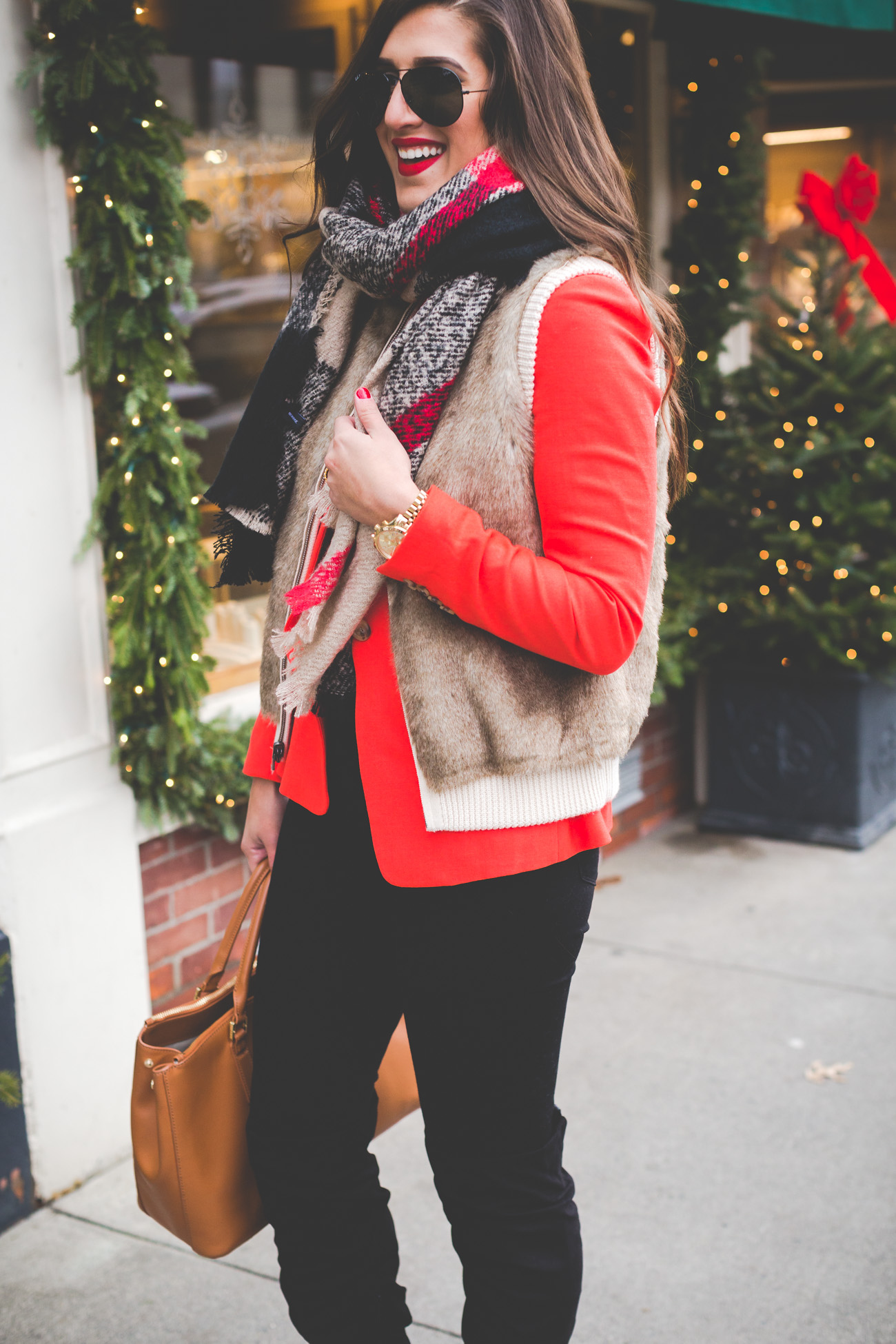 regent blazer, red blazer, blanket scarf,  faux fur vest, over the knee boots, tory burch robinson tote, black ray-ban aviators, woodstock vermont, holiday style, holiday fashion, holiday outfit ideas // grace wainwright from a southern drawl