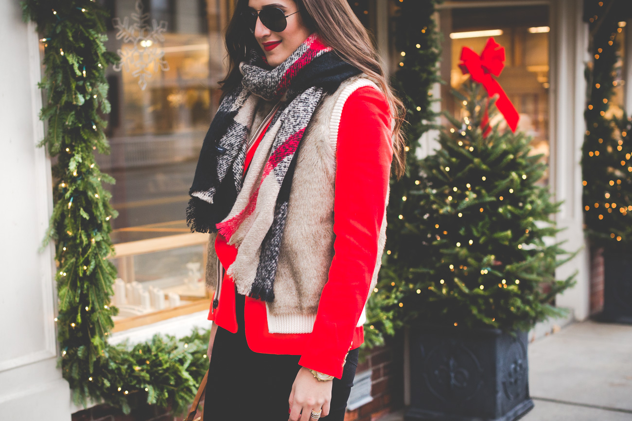 regent blazer, red blazer, blanket scarf,  faux fur vest, over the knee boots, tory burch robinson tote, black ray-ban aviators, woodstock vermont, holiday style, holiday fashion, holiday outfit ideas // grace wainwright from a southern drawl
