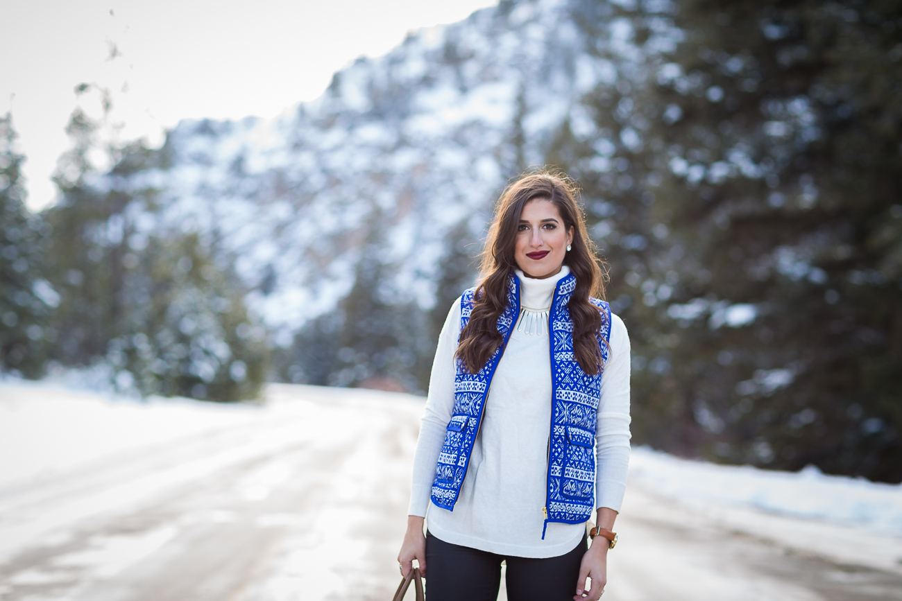 j.crew puffer vest, j.crew quilted vest, excursion vest, fair isle vest, fair isle puffer vest, fair isle quilted vest, preppy style, preppy outfit, preppy outfit ideas, winter style, winter fashion, winter outfit ideas, gold statement necklace, leather leggings, black booties, tory burch robinson pebbled tote, ivory turtleneck, crested butte, colorado // grace wainwright from a southern drawl