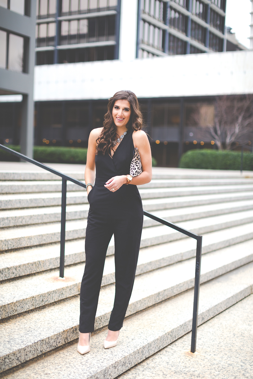 Black jumpsuit with leopard shoes online