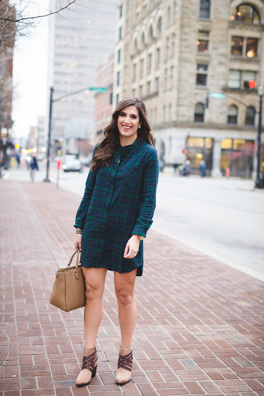 plaid shirt dress, wayf dress, brown booties, fall outfit, plaid dress, winter style, tory burch robinson pebbled tote, blackwatch plaid dress, michael kors leather watch // grace wainwright from a southern drawl