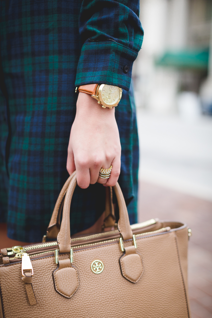 plaid shirt dress, wayf dress, brown booties, fall outfit, plaid dress, winter style, tory burch robinson pebbled tote, blackwatch plaid dress, michael kors leather watch // grace wainwright from a southern drawl