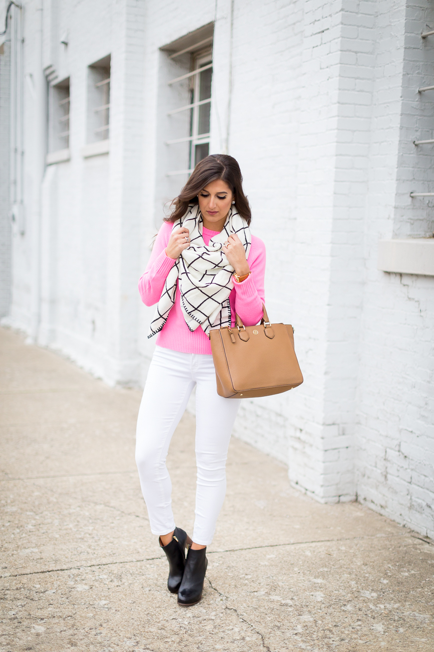 grid blanket scarf, grid scarf, check scarf, black and white scarf, blanket scarf, oversized scarf, asos scarf, sweater, cashmere sweater, hot pink sweater, fuchsia sweater, black vince camuto booties, tory burch robinson pebbled square tote, winter style, winter fashion // grace wainwright from a southern drawl