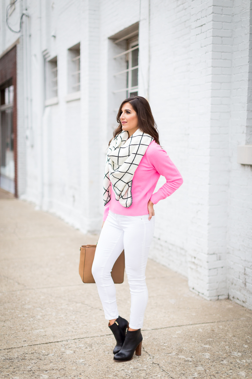 grid blanket scarf, grid scarf, check scarf, black and white scarf, blanket scarf, oversized scarf, asos scarf, sweater, cashmere sweater, hot pink sweater, fuchsia sweater, black vince camuto booties, tory burch robinson pebbled square tote, winter style, winter fashion // grace wainwright from a southern drawl