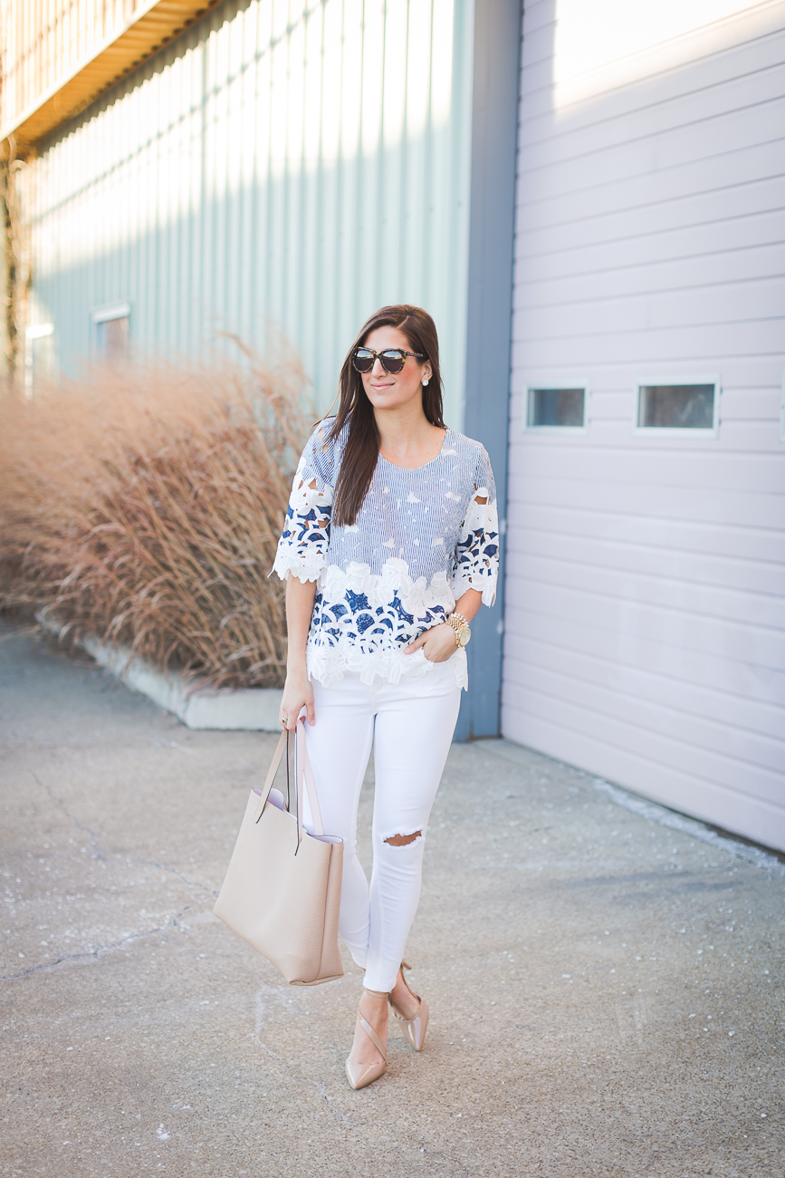 floral crochet top, floral top, laser cut tup, distressed white jeans, nude pumps, winter white, spring style // grace wainwright from a southern drawl