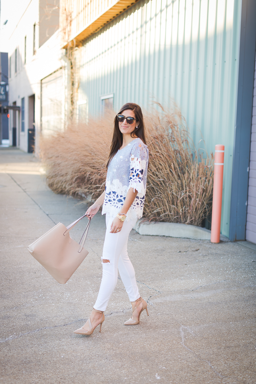 floral crochet top, floral top, laser cut tup, distressed white jeans, nude pumps, winter white, spring style // grace wainwright from a southern drawl