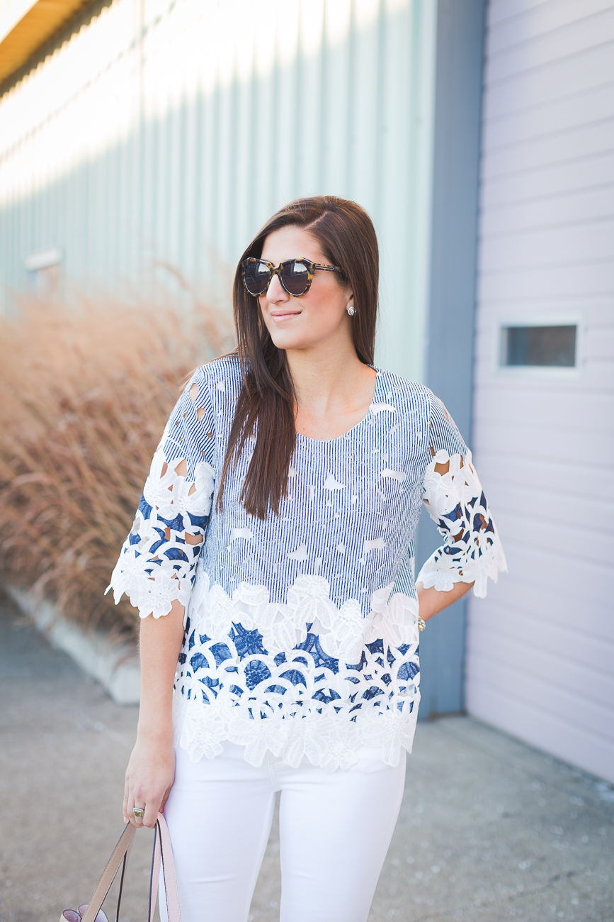 floral crochet top, floral top, laser cut tup, distressed white jeans, nude pumps, winter white, spring style // grace wainwright from a southern drawl