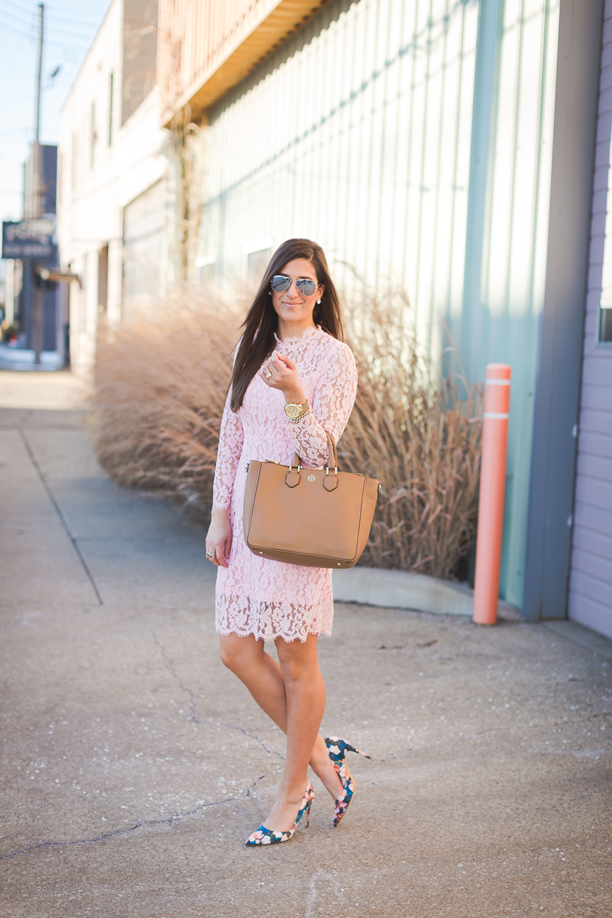 pink lace dress, pink lace shift, lace shift dress, feminine outfit, girly outfit, lace dress, spring style, spring fever, winter pastels, floral pumps, floral heels, tory burch robinson pebbled tote, high neck lace dress // grace wainwright from a southern drawl