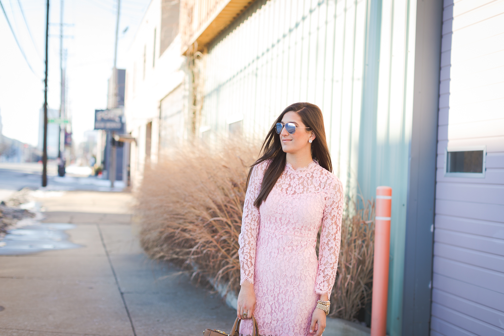 pink lace dress, pink lace shift, lace shift dress, feminine outfit, girly outfit, lace dress, spring style, spring fever, winter pastels, floral pumps, floral heels, tory burch robinson pebbled tote, high neck lace dress // grace wainwright from a southern drawl
